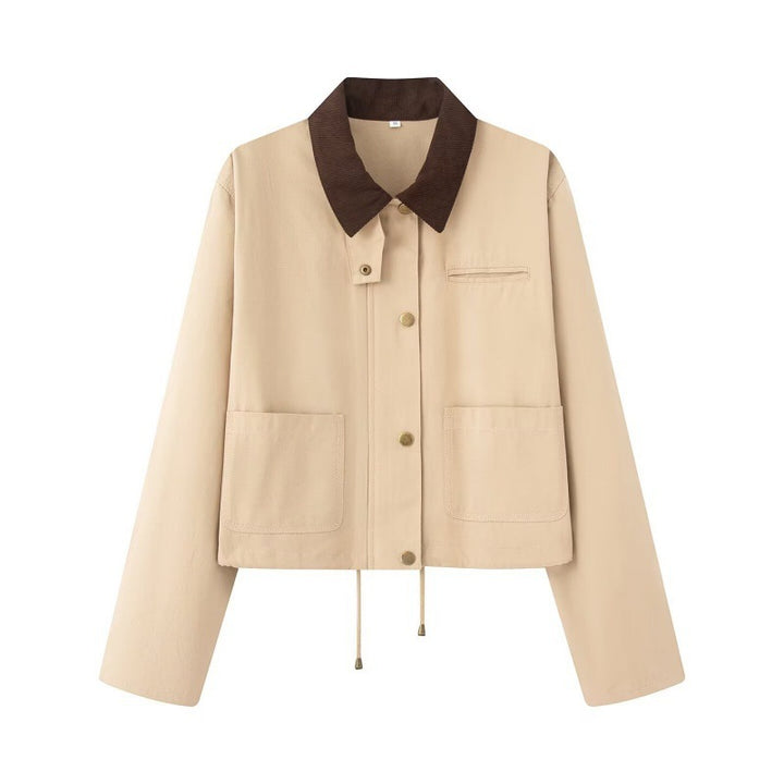Damen Cropped Workwear‑Jacke mit Cordkragen, Druckknöpfen und Tunnelzug Drune