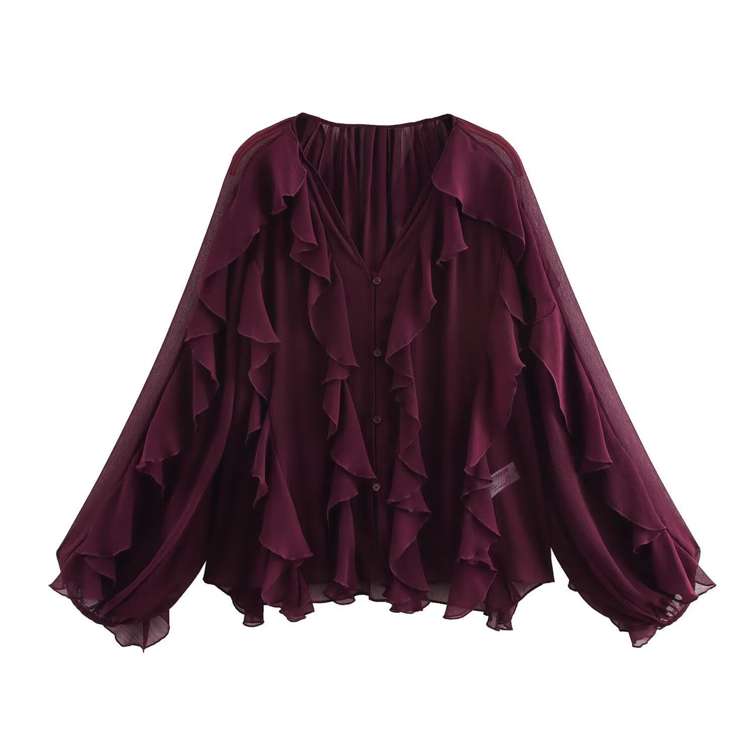 Damen 200+ voluminöse Chiffon‑Rüschenbluse mit Fledermausärmeln und Knopfleiste Drune