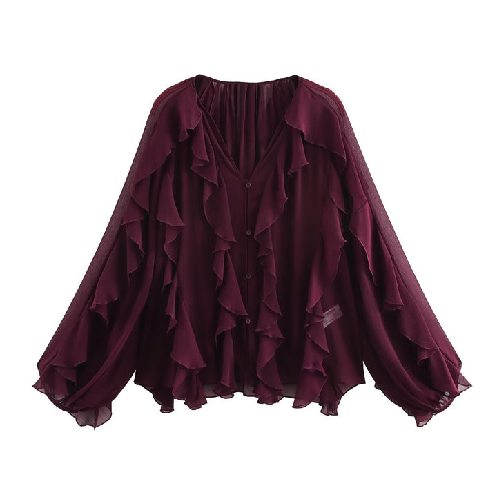 Damen 200+ voluminöse Chiffon‑Rüschenbluse mit Fledermausärmeln und Knopfleiste Drune