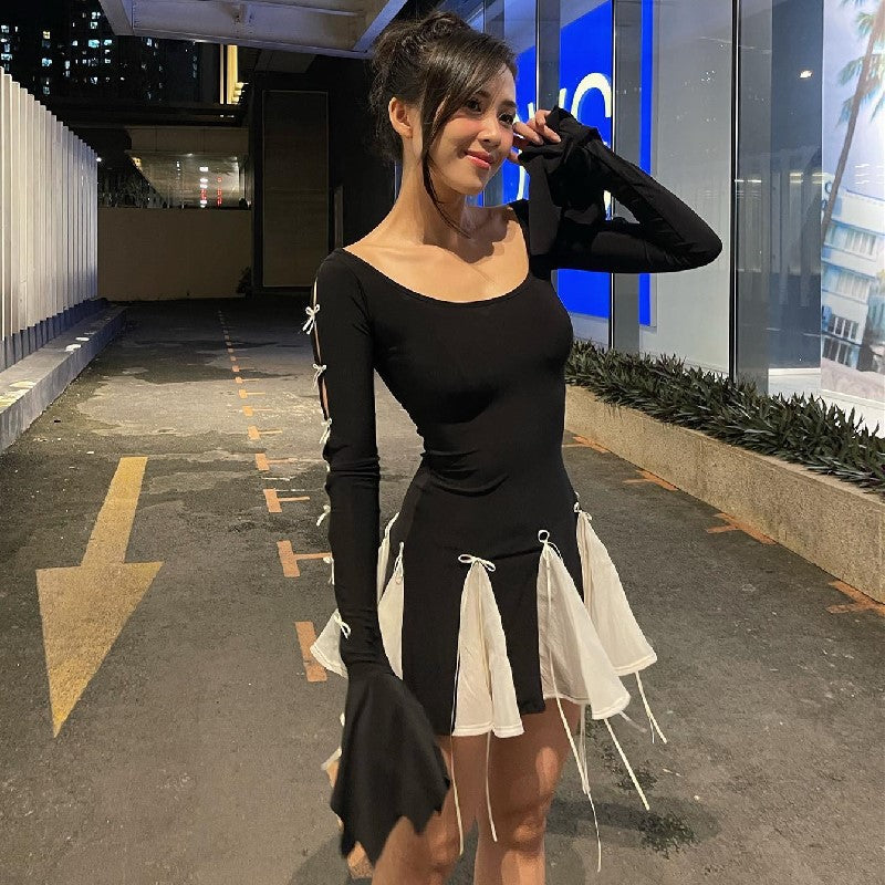 Damen Skaterkleid mit kontrastierenden Rüschendetails und lange Ärmel Drune