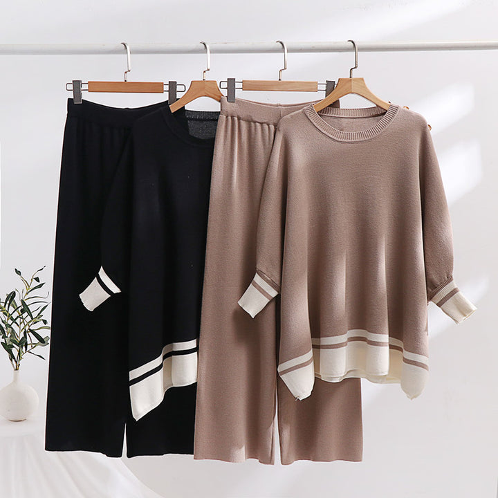 Damen lässiges Strick-Loungewear-Set mit modischem Kontrastsaum und weitem Schnitt Drune