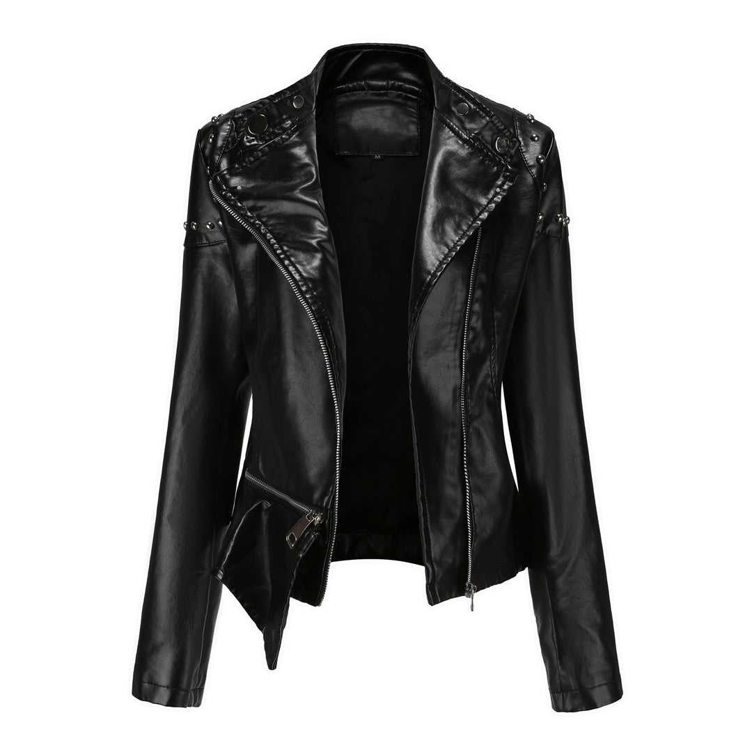 Damen nan asymmetrische Kunstleder-Bikerjacke mit Nietenapplikation und tailliertem Schößchen Drune