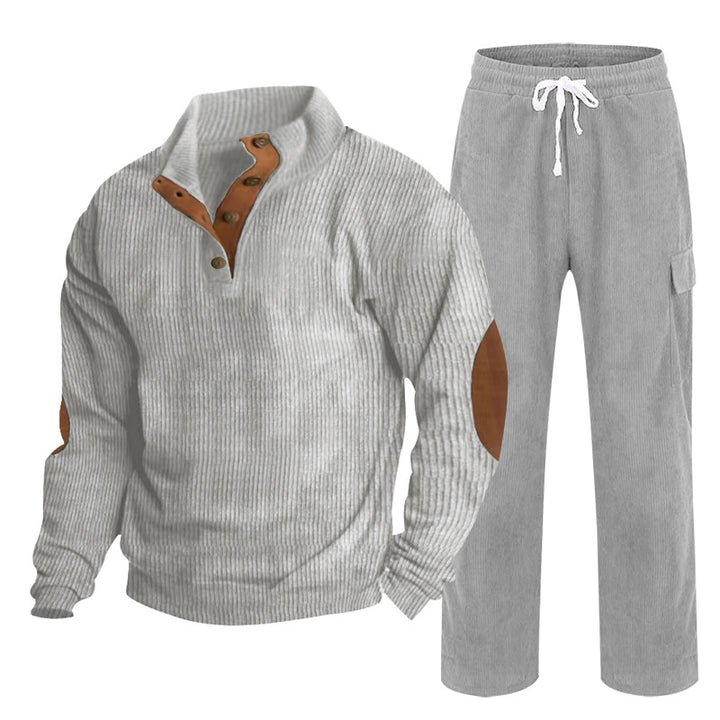 Herren Gemütliches Freizeit-Set aus Waffelstrick-Henley mit Ellenbogenpatch und Relax-Cargo-Hose Drune