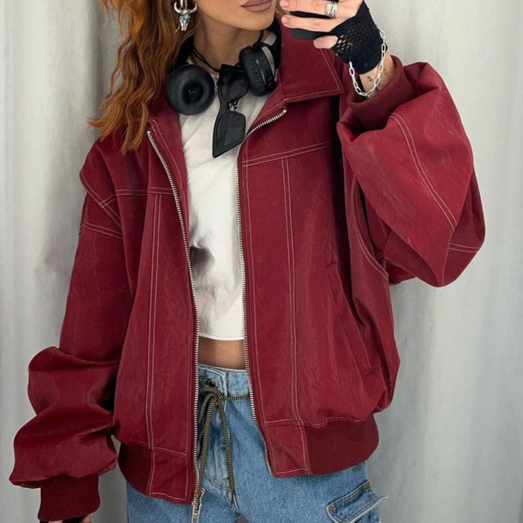 Drune | Damen Faux Leder Jacke Elastische Ärmel