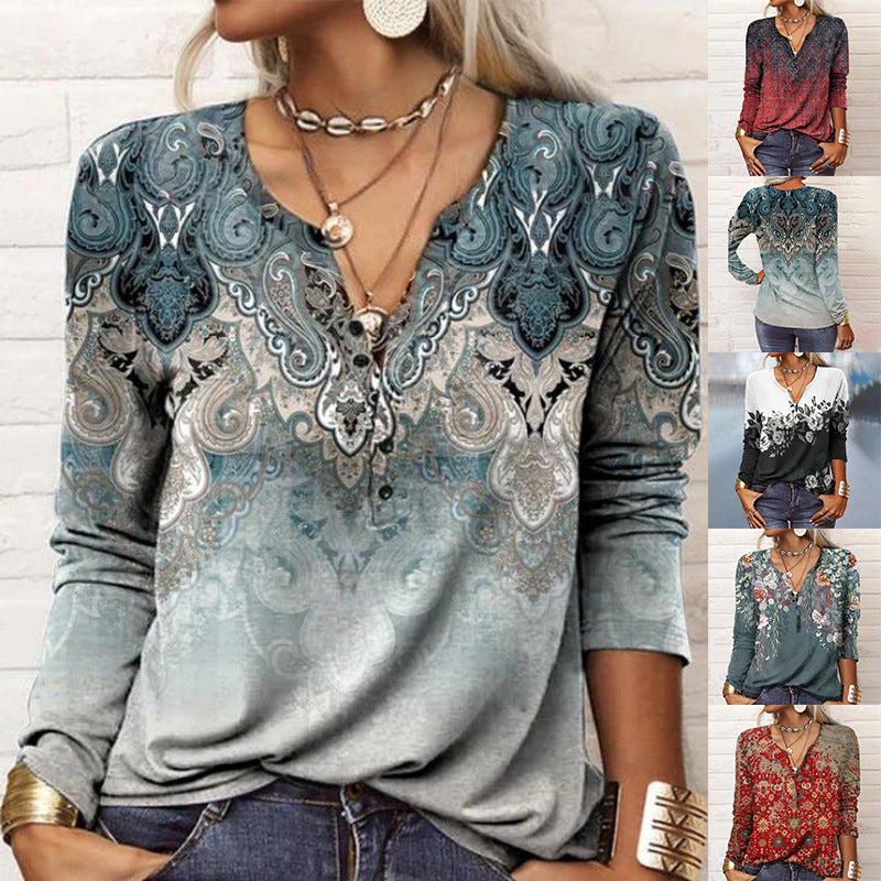 Damen Lockeres Langarm‑Henleyshirt mit V‑Ausschnitt, Knopfleiste und Ombre‑Print Drune