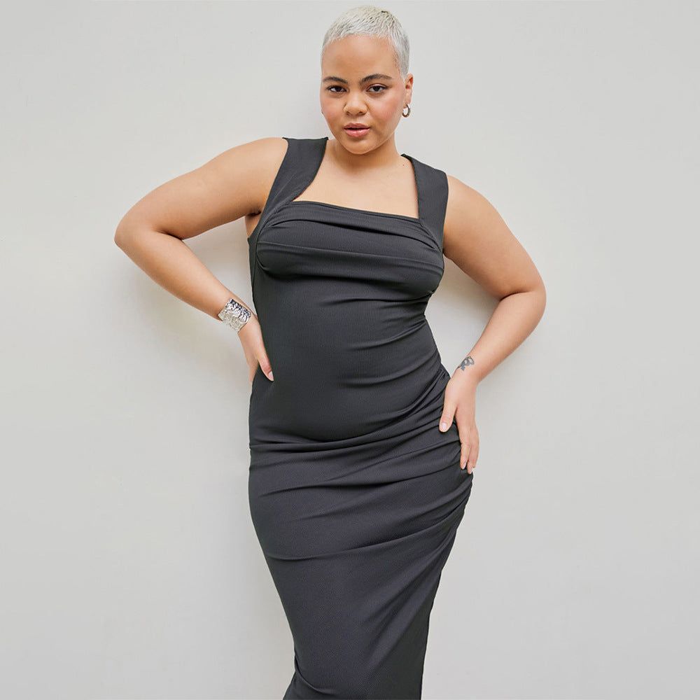 Damen figurbetontes Midikleid mit Quadrat-Ausschnitt und Raffungen Drune