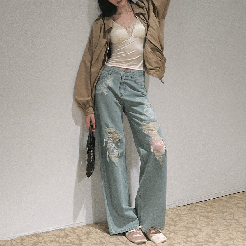 Damen Weit geschnittene Jeans mit individuellen Destroyed-Details und floralem Print Drune