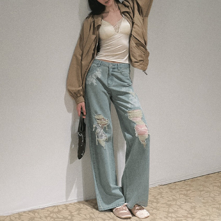Damen Weit geschnittene Jeans mit individuellen Destroyed-Details und floralem Print Drune