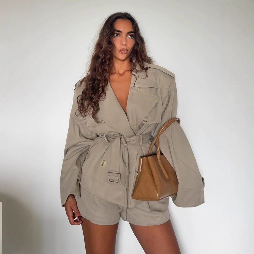 Damen Kurzjacke im Trench-Stil mit taillierendem Bindegürtel und weitem Ärmel Drune
