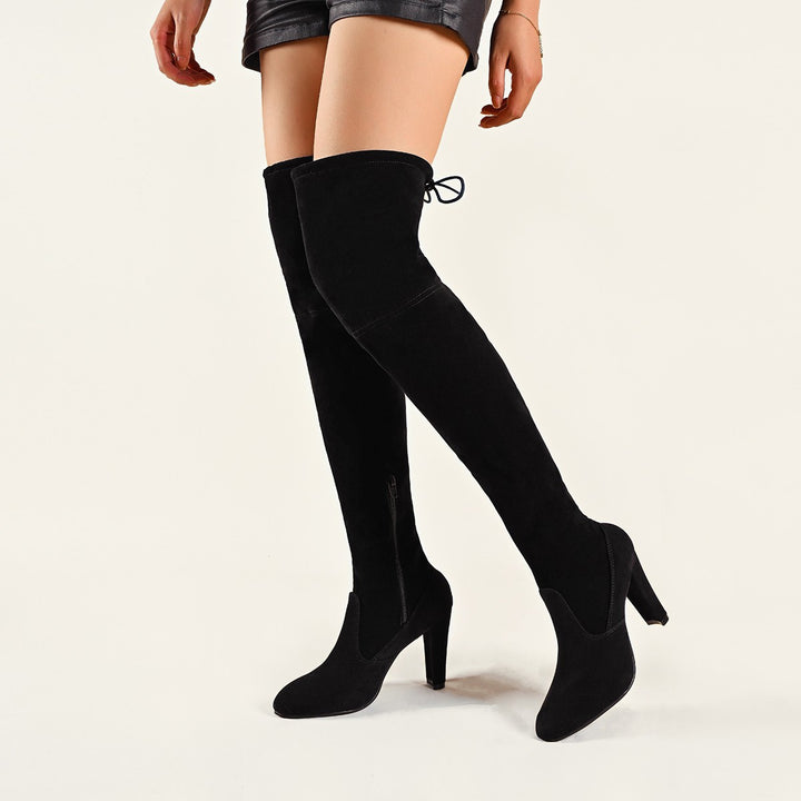 Damen Overknee-Stiefel aus hochwertigem Wildleder mit seitlichem Reißverschluss und eleganter Schnürung Drune