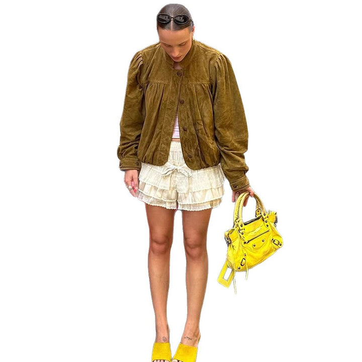 Damen Kurze Velourslederjacke mit Faltenlegung, Puffärmeln & Knopfleiste Drune