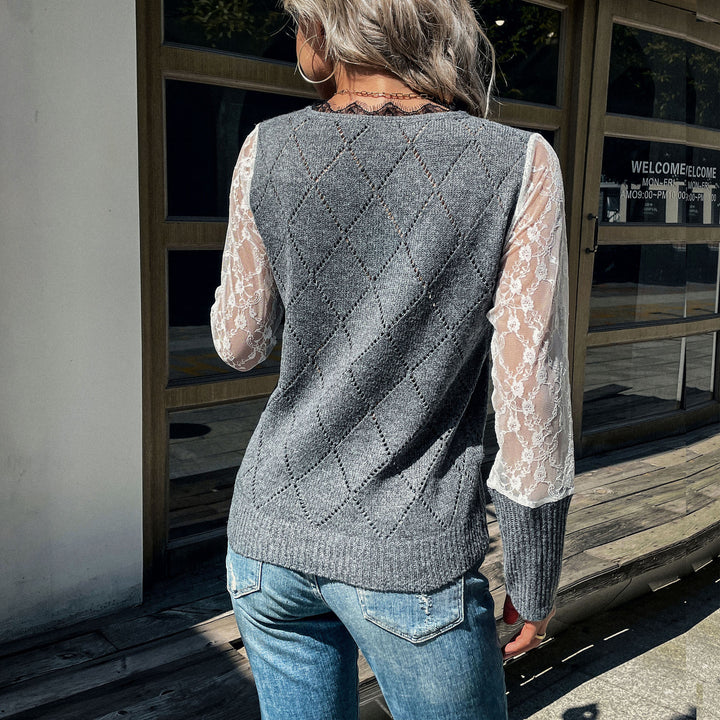 Damen Lässiger Feinstrickpullover mit Ajour‑Rautenmuster, transparenten Spitzenärmeln und gerippten Bündchen Drune
