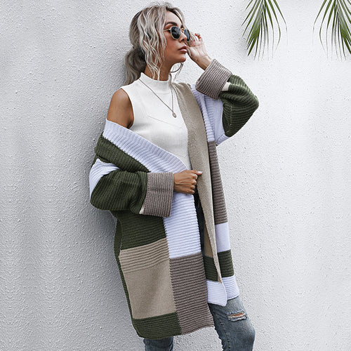 Damen Oversize Strickcardigan mit Colorblock‑Patchwork und offener Front Drune