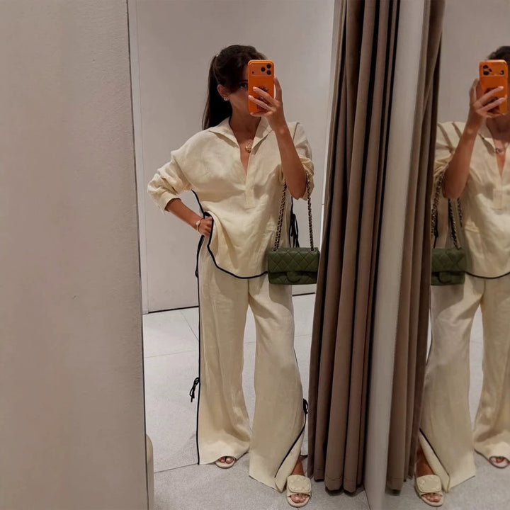 Damen Leichtes Leinen-Loungewear-Set mit weitem Bein, Hemdkragen & Kontrastpaspel Drune