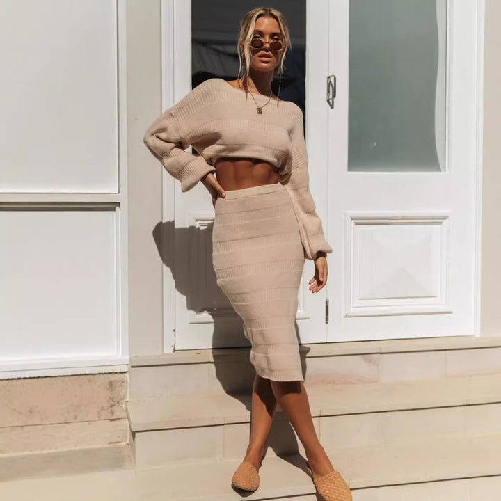 Damen elegantes deux pièces Set mit weitem Cropped-Oberteil und figurbetontem Rock Drune