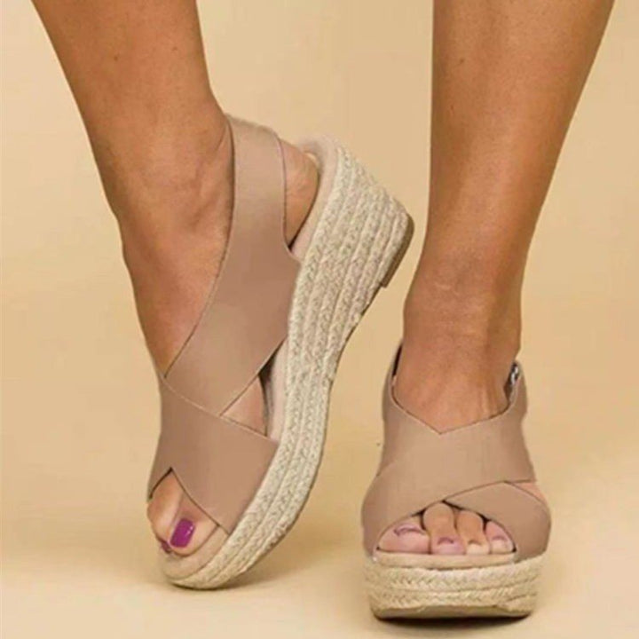 Damen Wedge-Sandalen mit Cross-Over-Riemen und juteumrandeter Sohle Drune