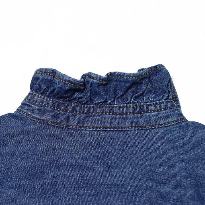 Damen Denim-Bluse mit Rüschenknopfleiste und Stehkragen Drune
