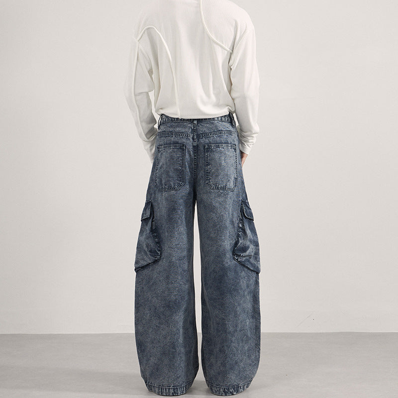 Damen Extraweite Cargo-Denim-Palazzohose mit diagonalem Nahtdesign und großen Klappentaschen Drune