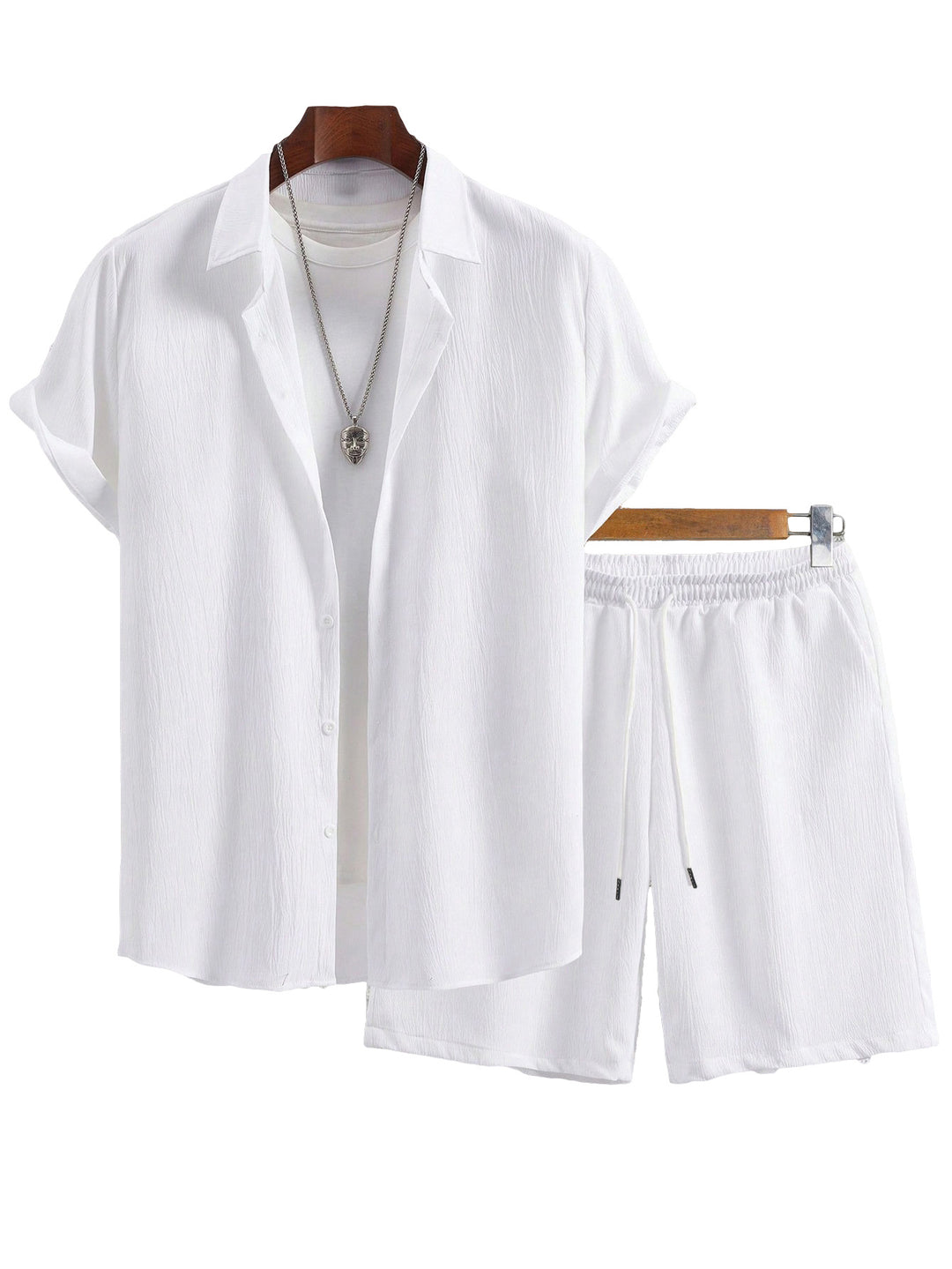 Herren nan Crinkle-Lounge-Set mit offenem Revershemd, integriertem Kurzarm-T-Shirt und Kordel-Bermuda Drune