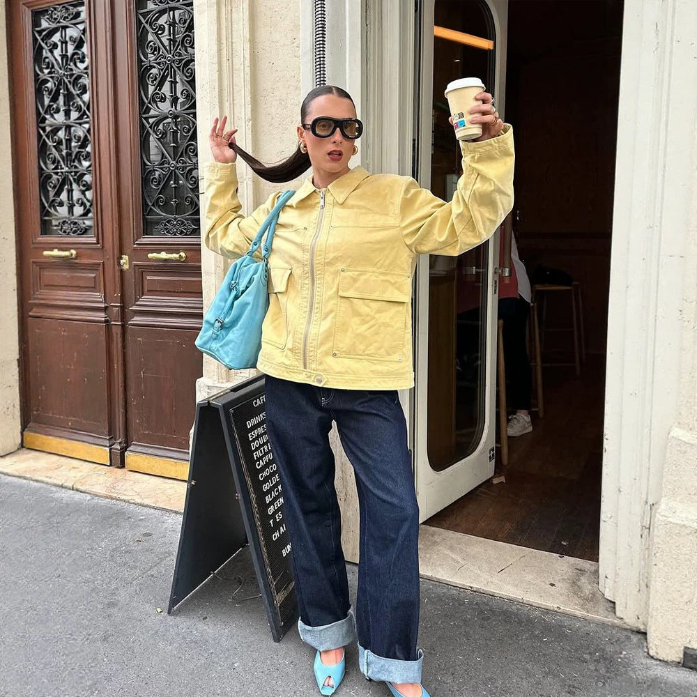 Damen Boxy-Canvas-Jacke mit Reißverschluss, Pattentaschen und Taillen-Zug Drune