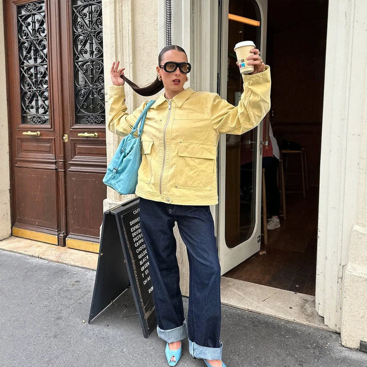 Damen Boxy-Canvas-Jacke mit Reißverschluss, Pattentaschen und Taillen-Zug Drune