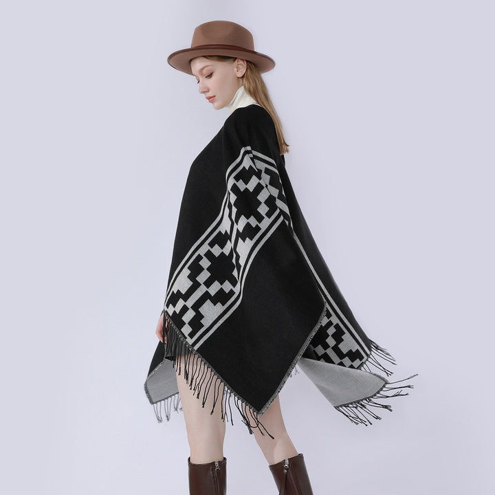 Damen Oversize-Cape mit geometrischem Jacquard, Fransensaum und Wendefunktion Drune