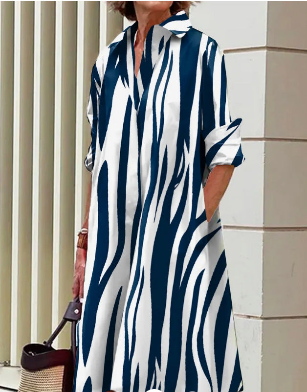 Damen Lockeres Hemdblusenkleid aus Satinoptik mit barockem Ketten‑Print und 3/4‑Ärmeln Drune