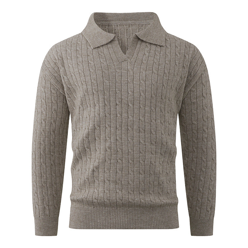Herren Kabelstrick-Polo-Pullover mit V-Ausschnitt und Zopfmuster Drune