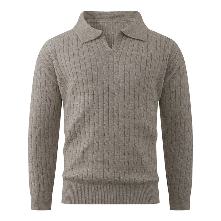 Herren Kabelstrick-Polo-Pullover mit V-Ausschnitt und Zopfmuster Drune