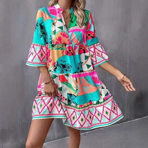 Damen Freizeitkleid mit buntem Grafikdesign und ausgestellten Ärmeln Drune