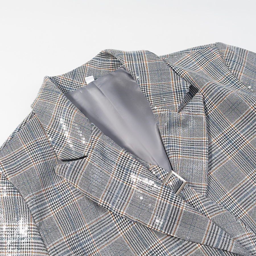 Damen Oversize Glencheck-Blazer mit einreihiger Knopfleiste, Pattentaschen und dezentem Paillettenbesatz Drune