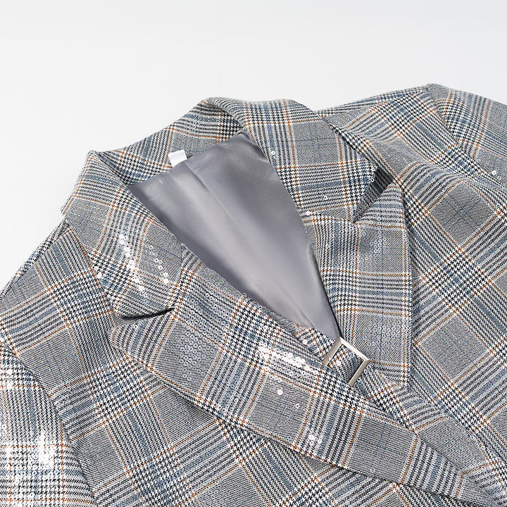 Damen Oversize Glencheck-Blazer mit einreihiger Knopfleiste, Pattentaschen und dezentem Paillettenbesatz Drune