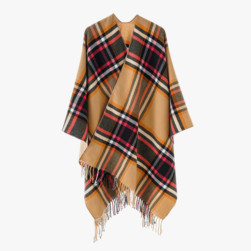 Damen Oversize-Karo-Capeponcho aus Wollmix mit V-Ausschnitt und Fransensaum Drune