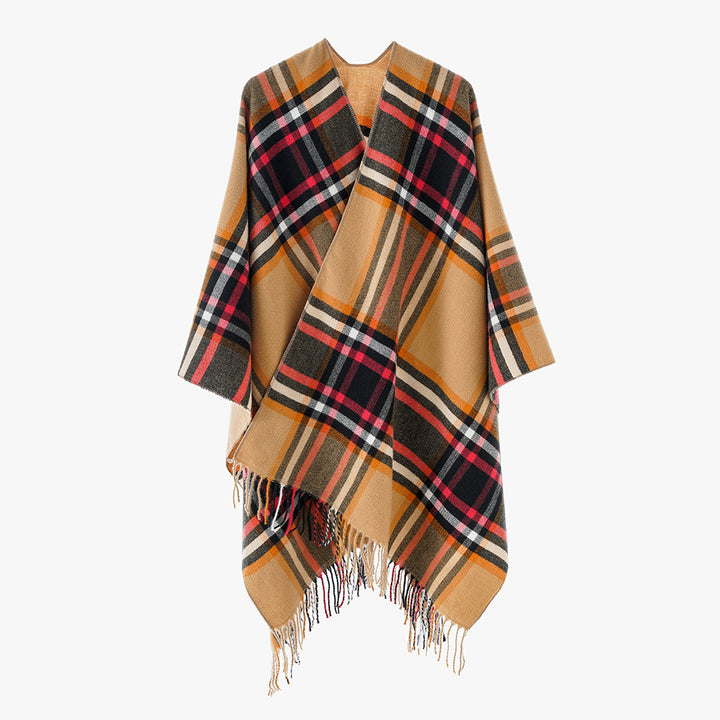 Damen Oversize-Karo-Capeponcho aus Wollmix mit V-Ausschnitt und Fransensaum Drune