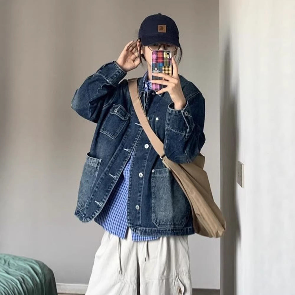 Damen Modische Denim-Jacke mit großen Taschen Drune