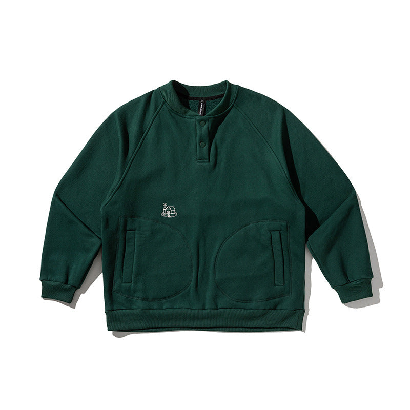 Herren Oversize-Sweatshirt mit Henley-Knopfleiste, Raglanärmeln und runden Fronttaschen Drune