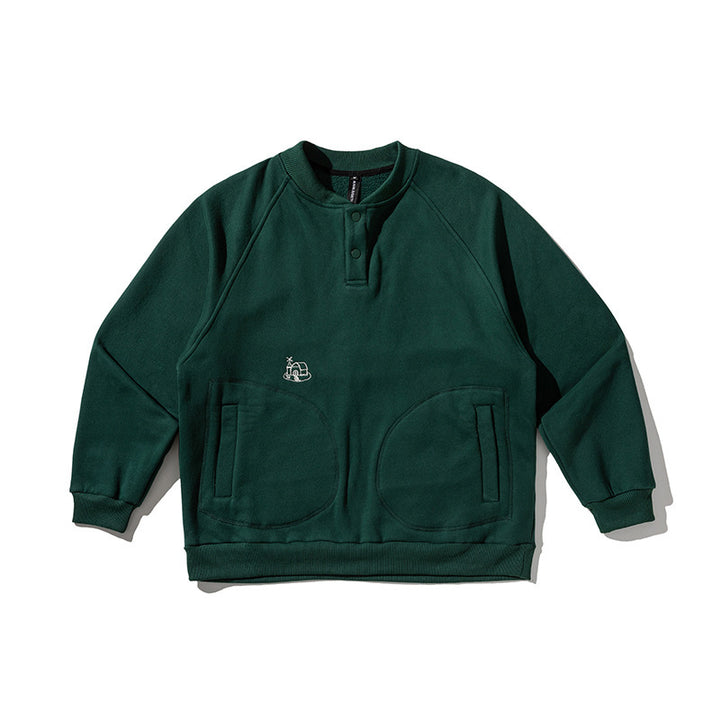 Herren Oversize-Sweatshirt mit Henley-Knopfleiste, Raglanärmeln und runden Fronttaschen Drune