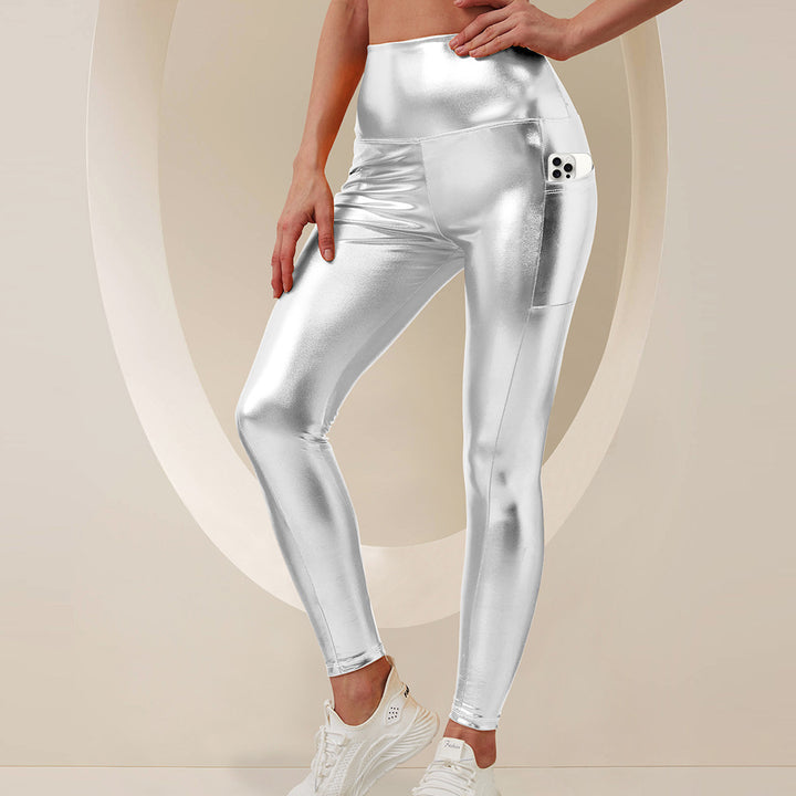 Damen Glänzende High-Waist Sculpting-Leggings mit seitlicher Multifunktions-Tasche Drune