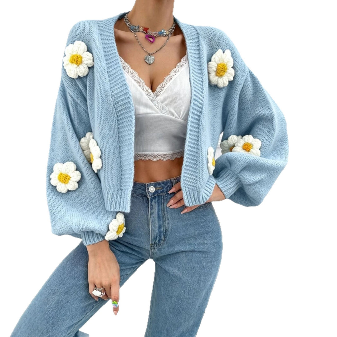 Damen Kurzgeschnittener Grobstrick-Cardigan mit 3D-Blütenapplikationen Drune