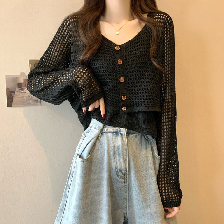 Damen lässige Strickjacke mit Netzmuster und Knopfverschluss Drune