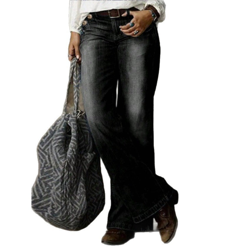 Damen Weite Vintage-Jeanshose mit hoher Taille und Used‑Waschung Drune