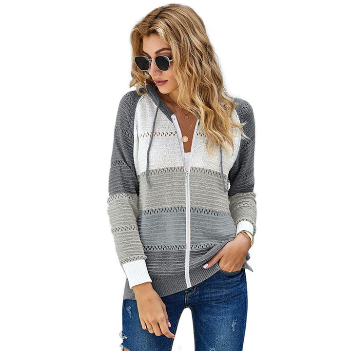 Damen lässige Strickjacke mit Kapuze und dekorativem Lochmuster Drune