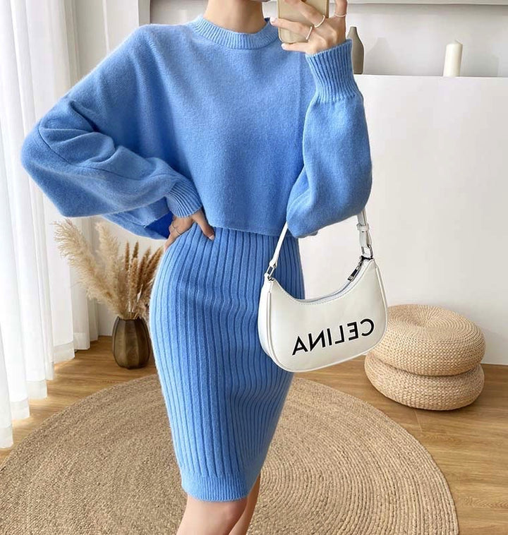 Damen elegante Strickkleid mit Ribstruktur und voluminösen Ärmeln Drune