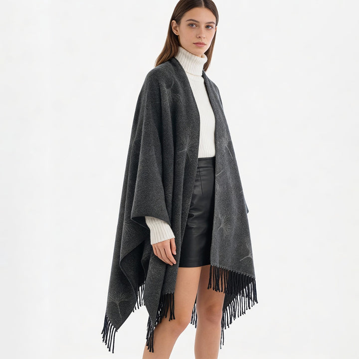 Damen Fransen-Capeponcho mit Pusteblumen-Jacquard und Oversize-Schnitt Drune