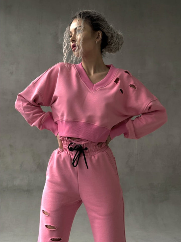 Damen kurzgeschnittenes Sweat-Set mit V-Ausschnitt, Rüschenbund Highwaist Jogginghose und Distressed-Details Drune