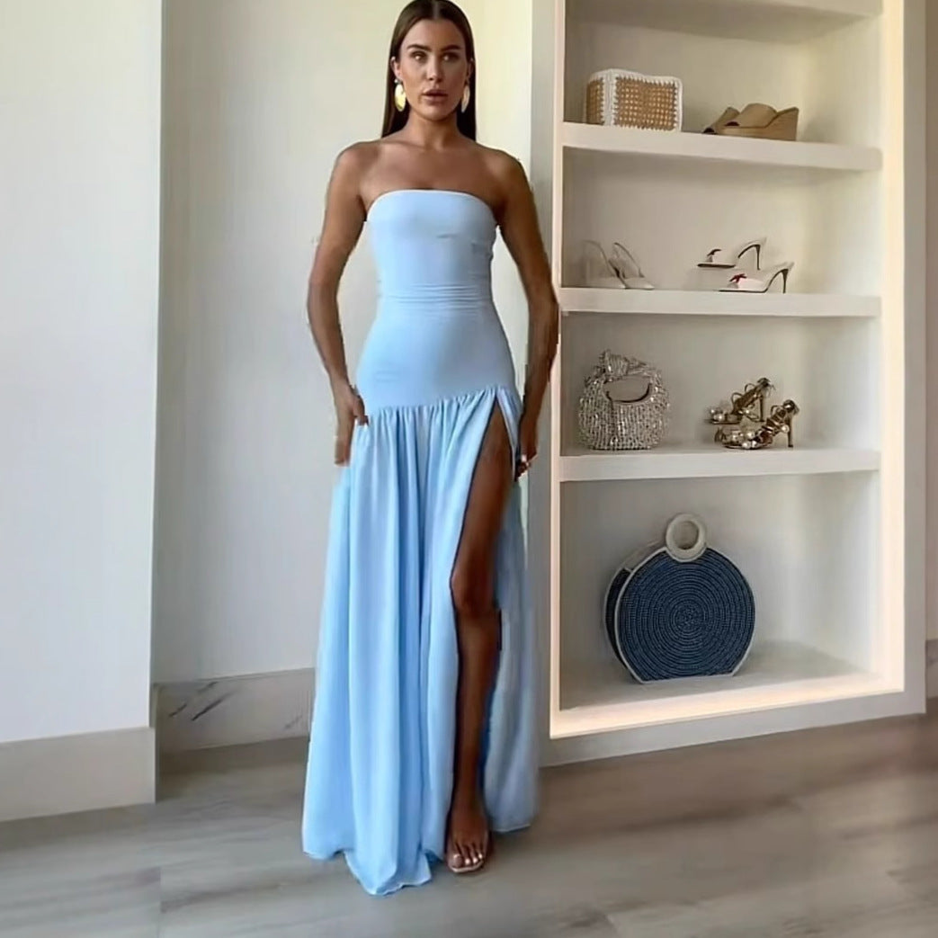 Damen Charmantes schulterfreies Maxikleid mit hohem Schlitz und fließendem Faltenrock Drune