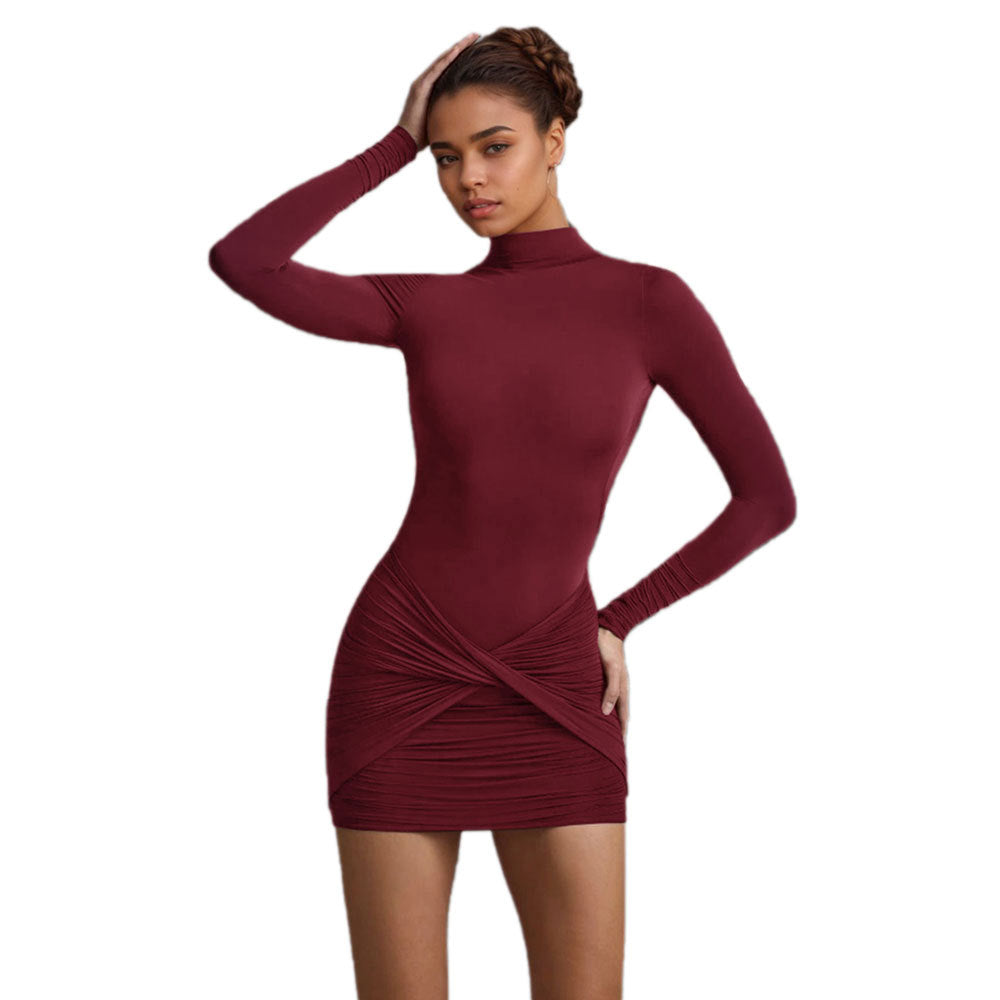 Damen figurbetontes Langarm-Minikleid mit Stehkragen, taillierter Sculpting-Silhouette und gerafftem Twist‑Rock Drune