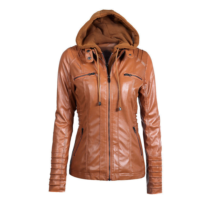 Damen Kunstlederjacke mit abnehmbarer Kapuze, tailliertem Schnitt und Reißverschlusstaschen Drune