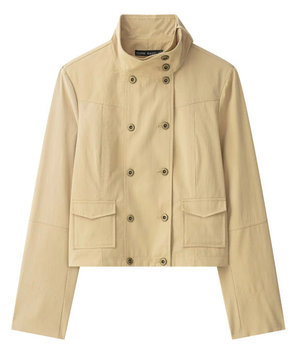 Damen Cropped Doppelreihige Kurzjacke im Blousonstil mit Stehkragen und Pattentaschen Drune