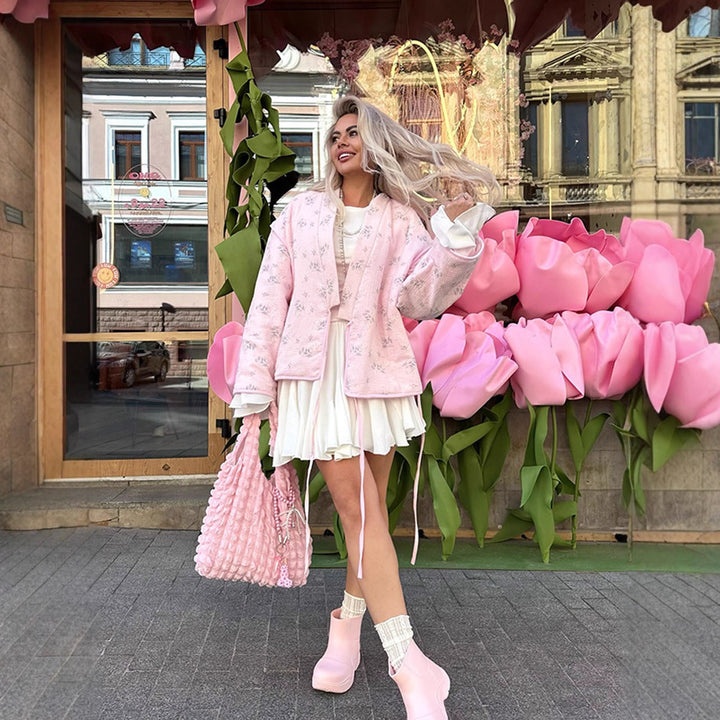 Damen gesteppte Blousonjacke mit floraler Bestickung und Kimonoschnitt Drune